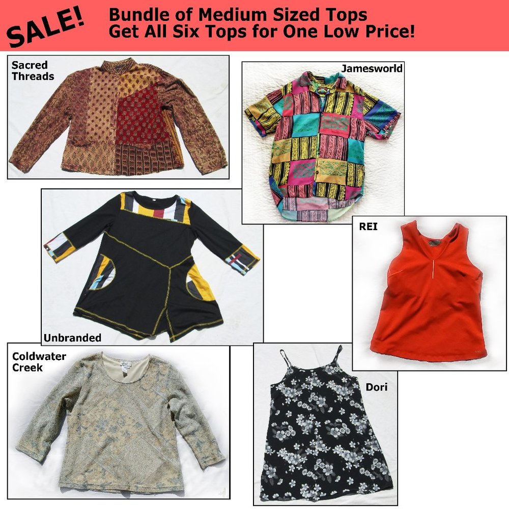 Bundle of 6 items  (Tops Plus One Dress), medium size. All 6 for one low price!